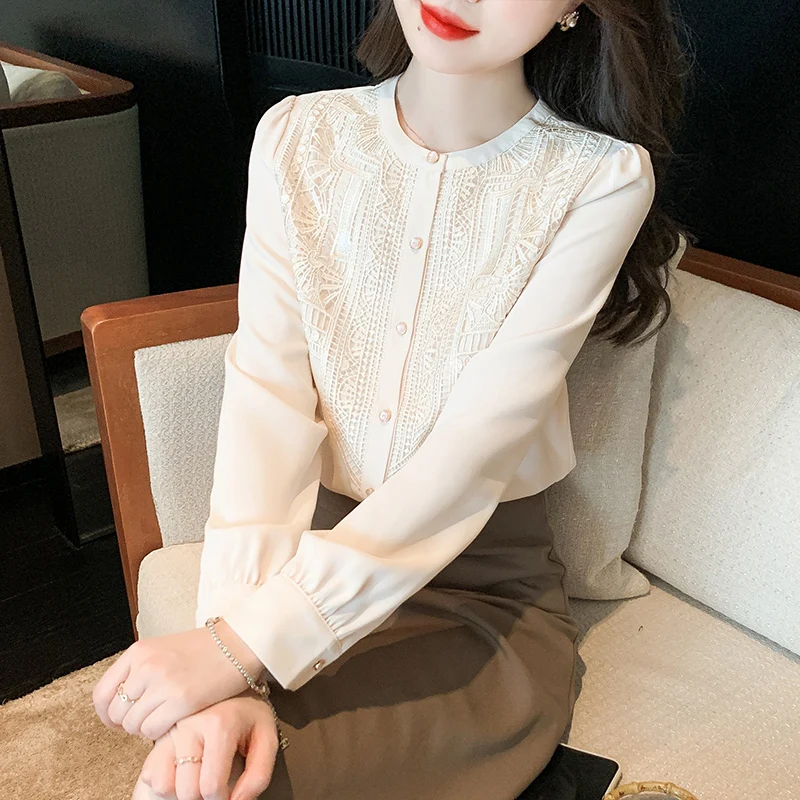 #3235 Spring Beige Long Sleeve Shirts Women Round Neck Vintage Shirts Female Split Joint Lace Blouse Femme Loose Single Breasted