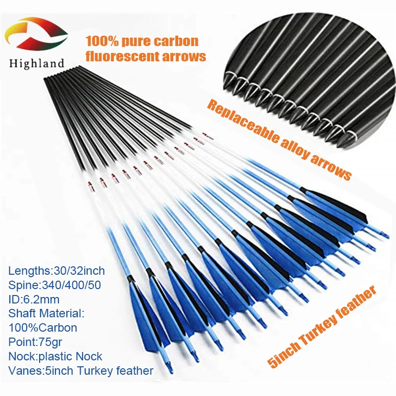 12pcs 32inch  spine 340/400/500 Pure Carbon Arrows  ID6.2mm 5inch Turkey Feather luminous blue Compound Bow Arrows For Shooting