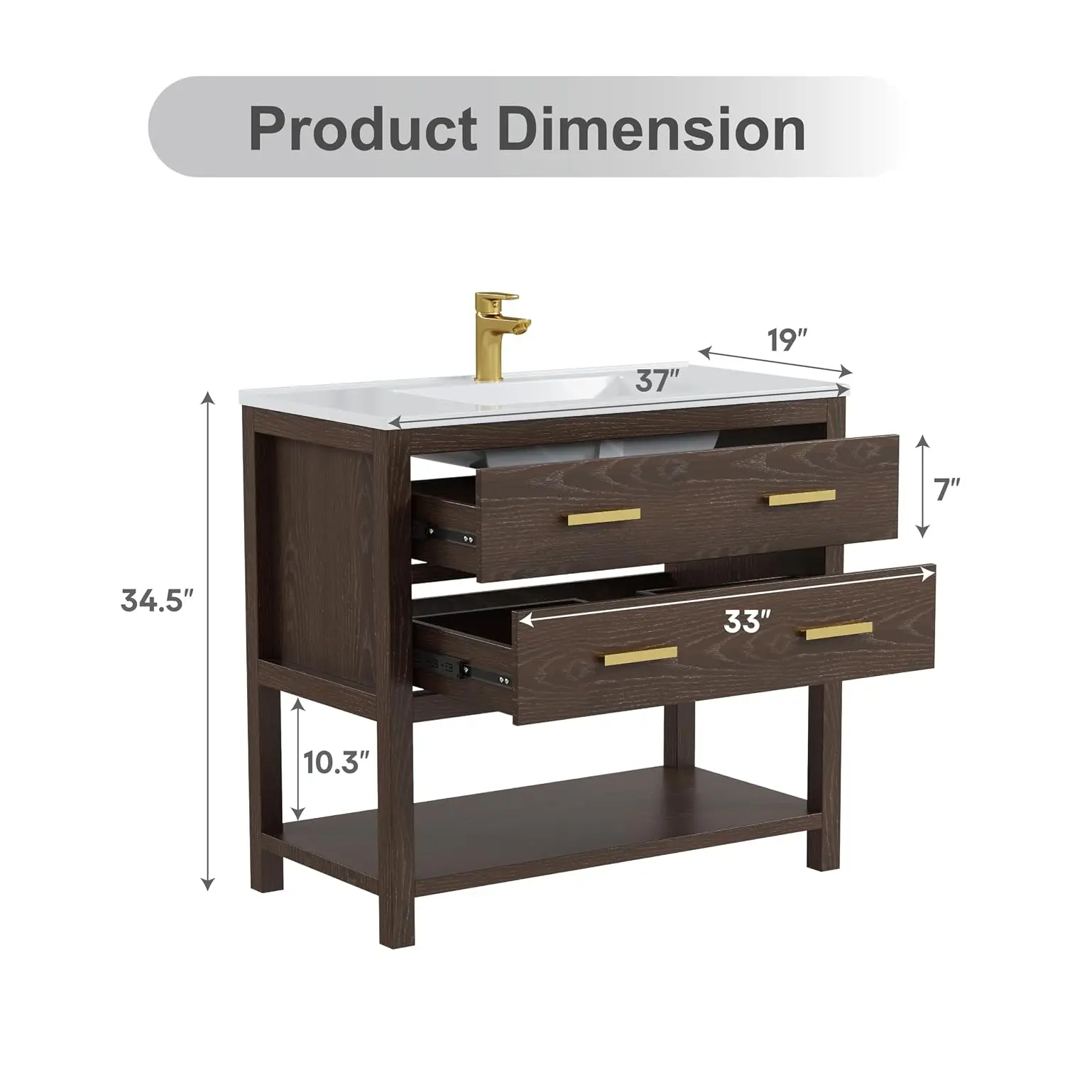 Farmhouse Bathroom Cabinet with Composite Top & Sink, 2 Drawers & Storage Shelf, Adjustable Feet, Easy Assembled,, Customized