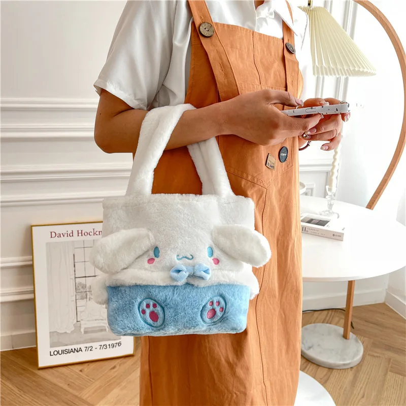 Sanrio Cartoon Plush Handbag For Women Kawaii Kuromi Cinnamoroll Hello Kitty Melody Shoulder Bags Fluffy Tote Bags Purses Gifts