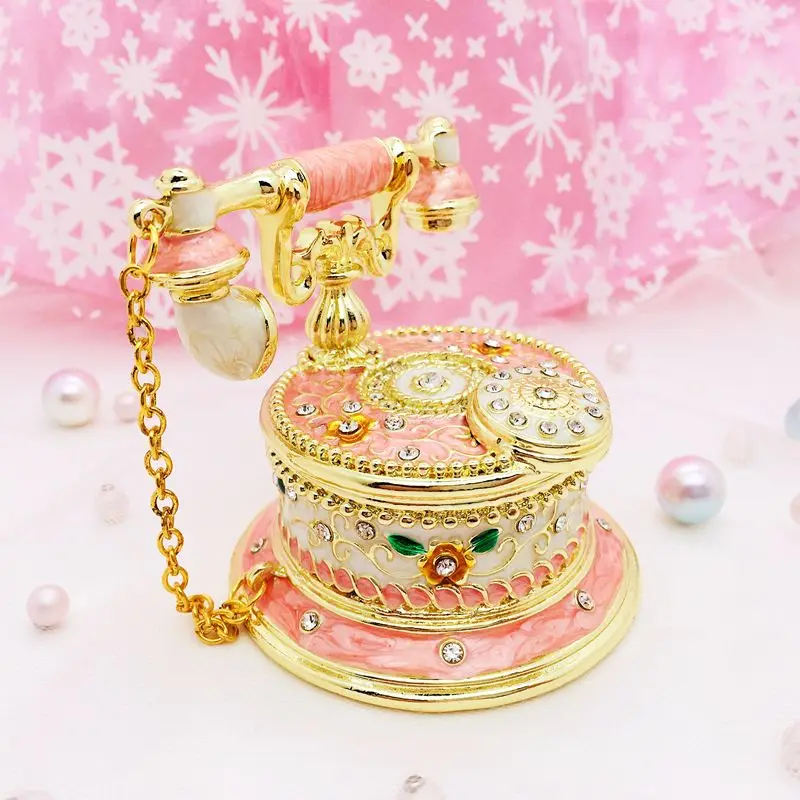Vintage Telephone Shaped Enamel Jewelry Box Carved Trinket Storage Box Wedding Ring Holder Home Decor