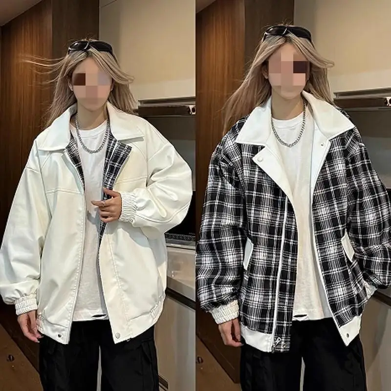 

Двусторонняя куртка из искусственной кожи для мужчин, свободного кроя, в клетку, водонепроницаемая, весенне-осенняя, парная, модная, брендовая, подростковая верхняя одежда