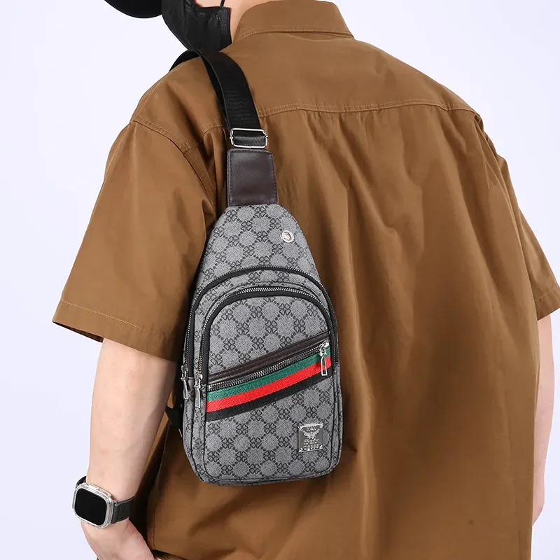 

Designer senior sense new lightweight men's chest bag stripe print travel shoulder bag anti-water trend PU simple cross-body bag