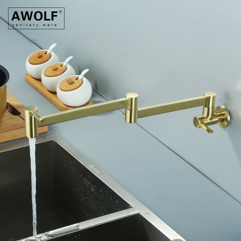 

Awolf Brushed Gold Wall Mounted Lengthen Kitchen Faucet Folding Countertop Pot Filler Solid Brass 360 Degree Swivel Tap FW009