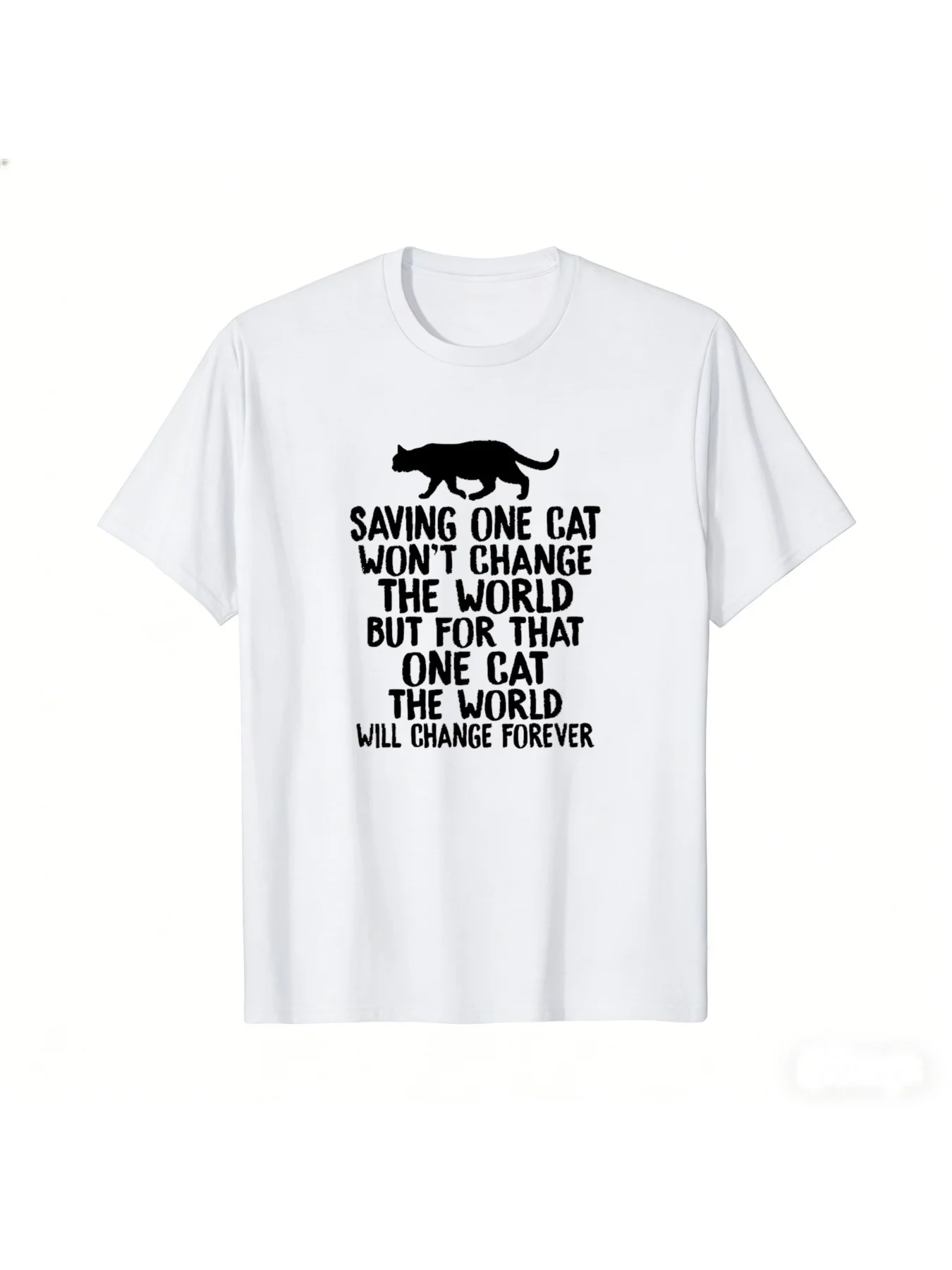 Cat Rescue T Shirt with Saving One Cat Changes World Slogan & Cat Silhouette Comfortable Crew Neck Tee for Cat Lovers Animal Rescue Supporters & Casual Short Sleeve Shirt( Black Pixian Ai 01