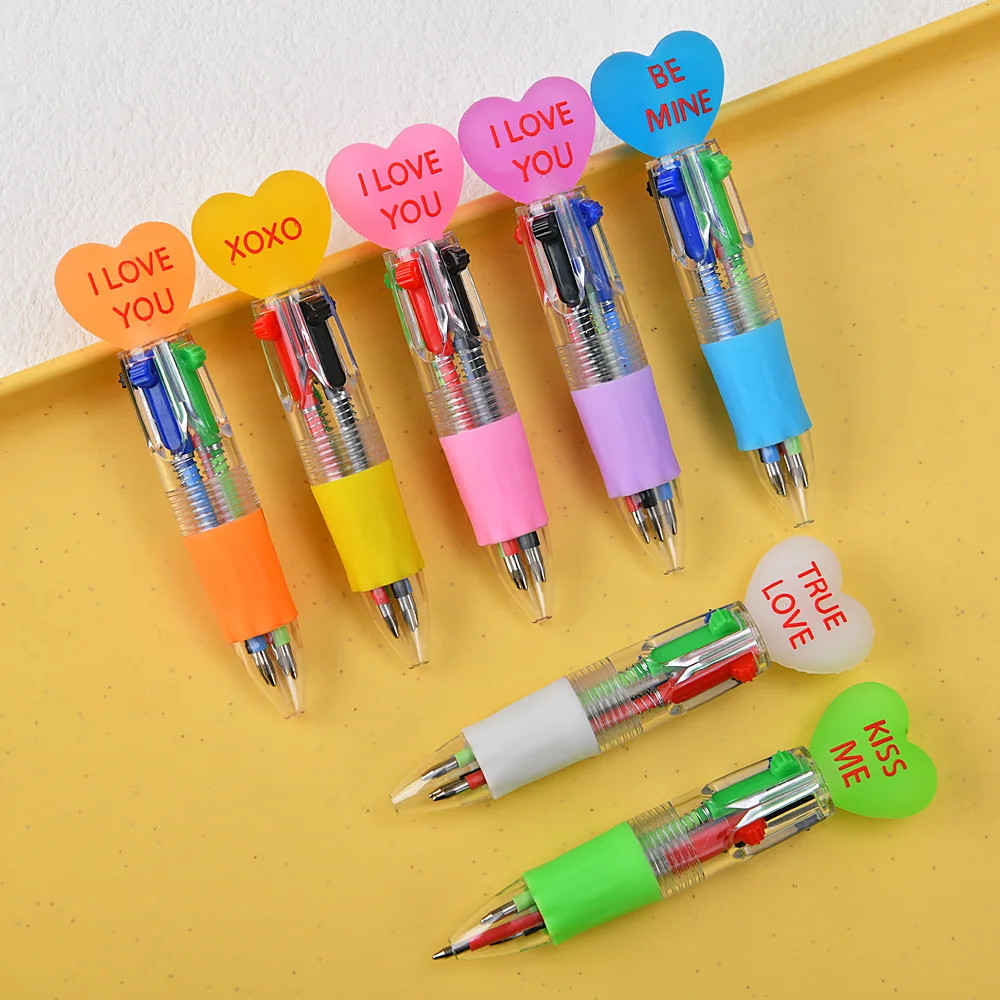 5-48pcs Transparent 4 Color Ballpoint Pen with Love Heart Design Cute Valentine's Day Gift for Diary Daily Students Writing