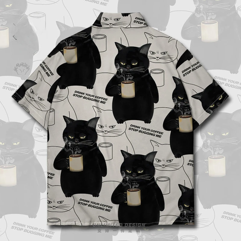 New summer black cat coffee interesting niche large size short sleeved shirt men and women casual loose summer trend y2k tops