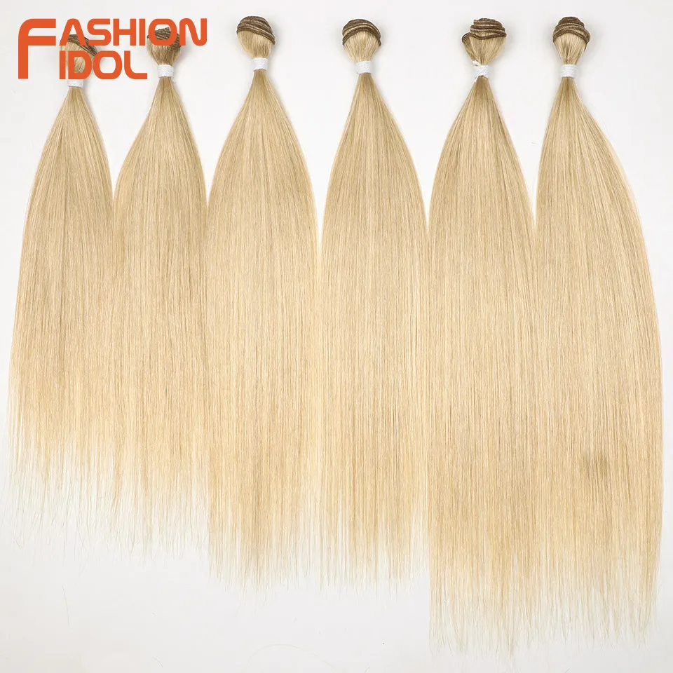 FASHION IDOL 20 22 24inch 300g/6pcs Yaki Straight Hair Weaving Synthetic Fake Hair Bundles Ombre Blonde Salon Hair Extensions