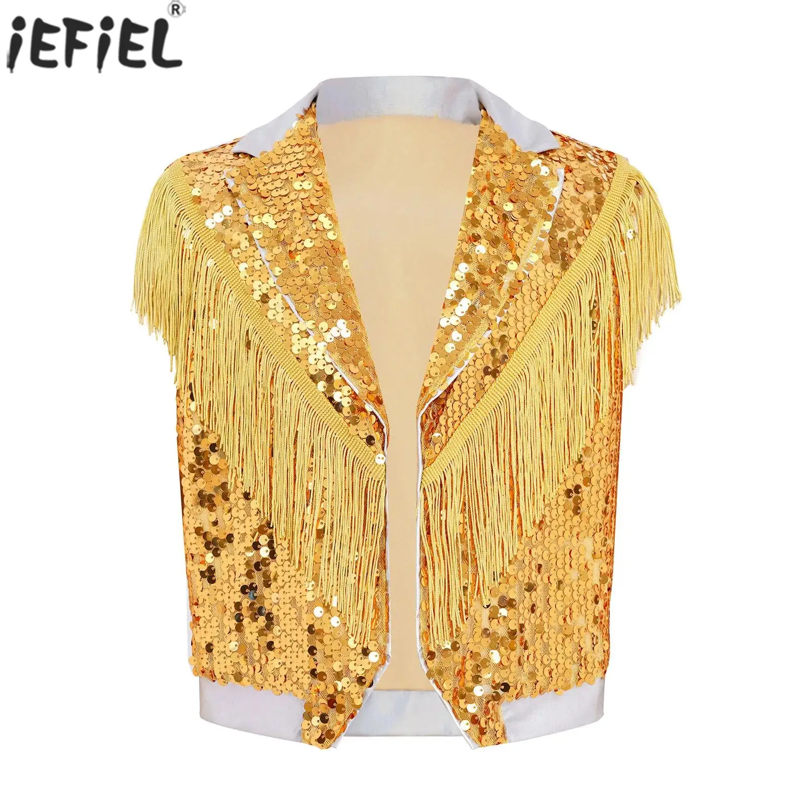 Kids Boys Jazz Hip Hop Dance Stage Performance Costume Tassel Sparkling Sequin Vest Lapel Collar Sleeveless Disco Waistcoat Tops