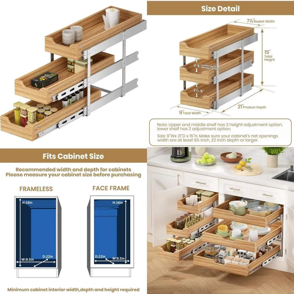 منظم درج منزلق عالي التحمل، 9 عريض × 21 عميق، رف خشبي لتخزين الخزانة، حل سحب الخزانة الأساسية