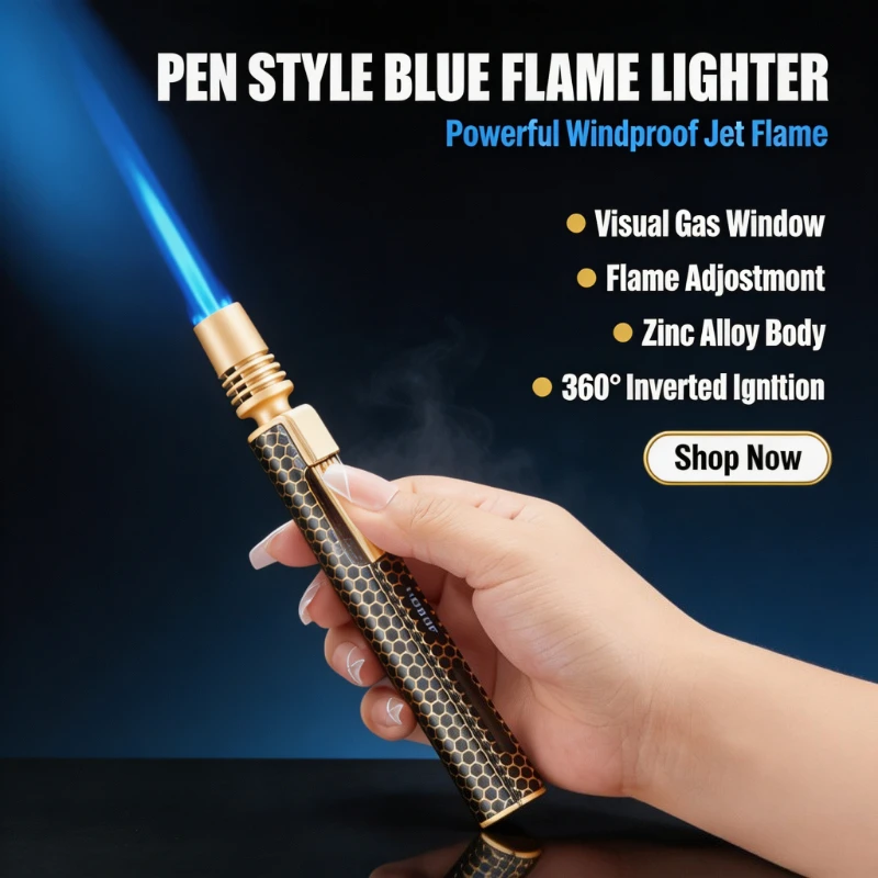 Slim Body JOBON Lighter, Windproof Blue Flame, Visible Gas Window, Adjustable Flame Circulation Inflation,Portable Ignition Tool