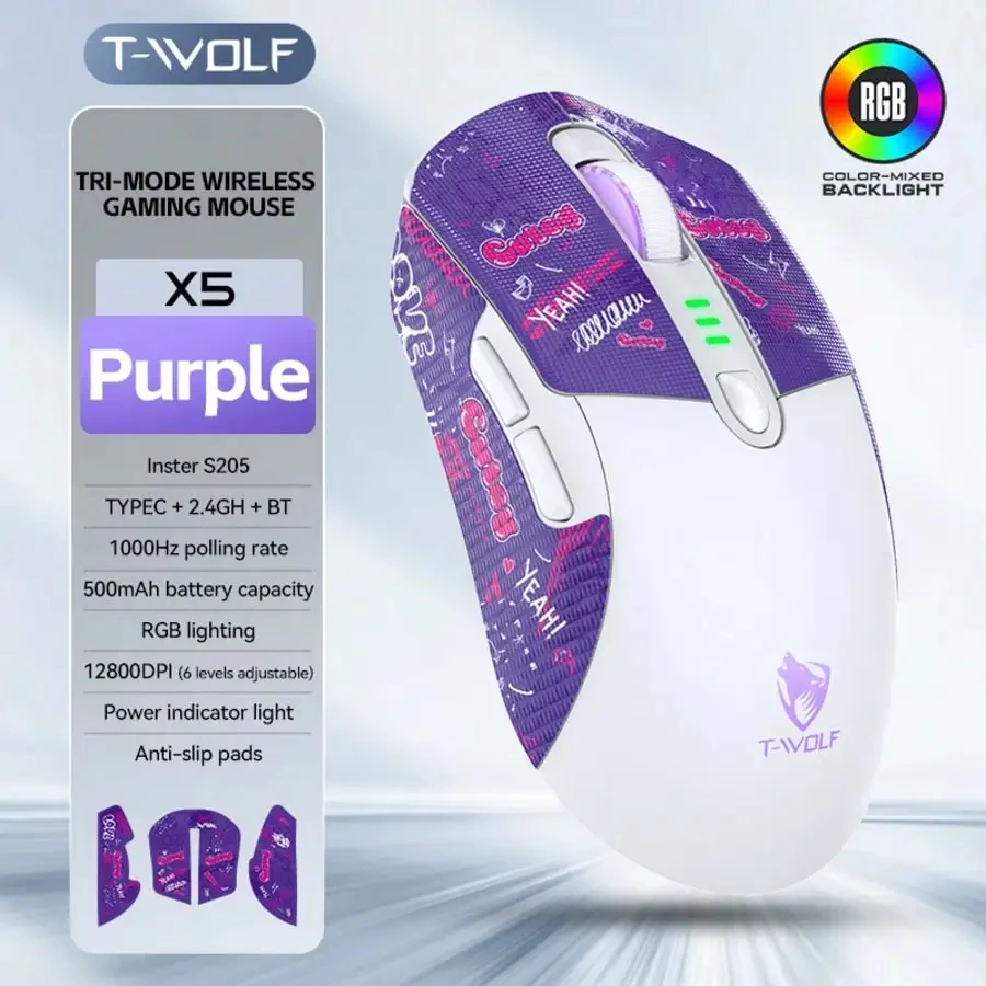 Tri Mode Gaming Mouse Wireless RGB Backlit 12800 DPI 2.4G Bluetooth Type-C Rechargeable Red Ergonomic 1000Hz