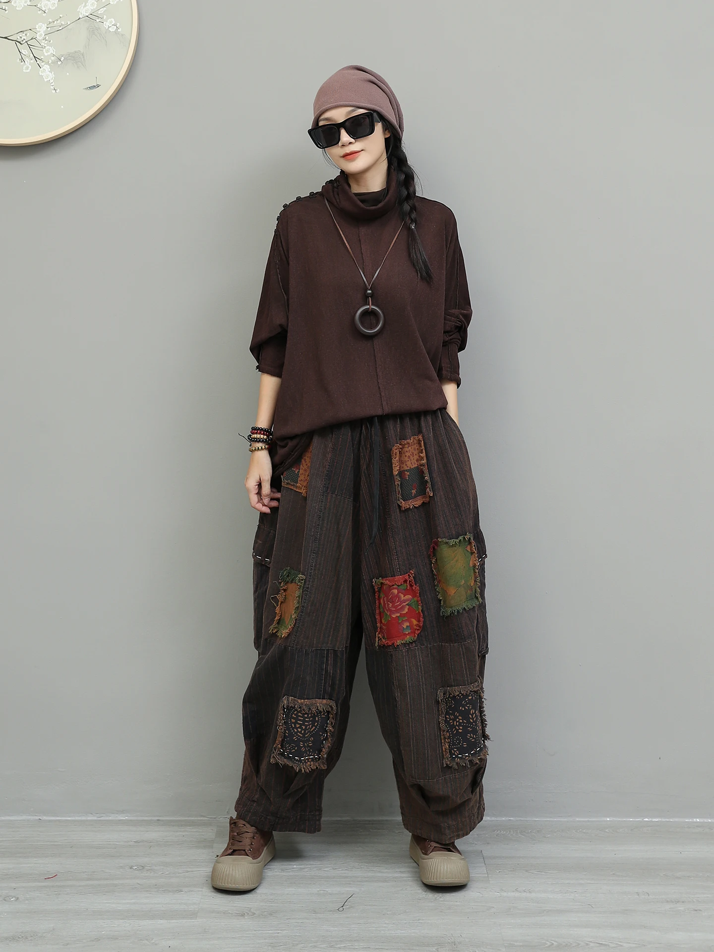 Retro Distressed Multi-button Pile Collar Bat Sleeve Sweatshirt Baggy Trousers Two-piece Set Women's Autumn Casual Suit