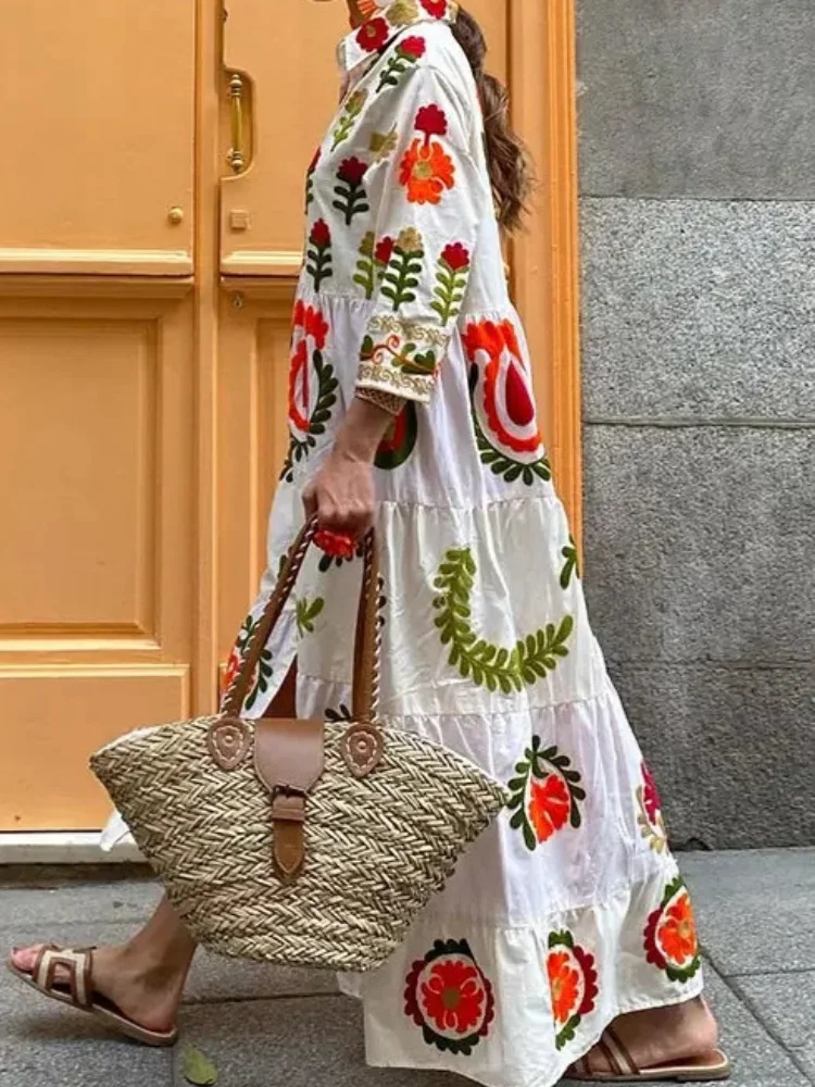 

Casual Flower Print Dress For Women Chic Lapel Loose Long Sleeves Single Breasted Ruffle Robes 2025 New Lady Daily Streetwear