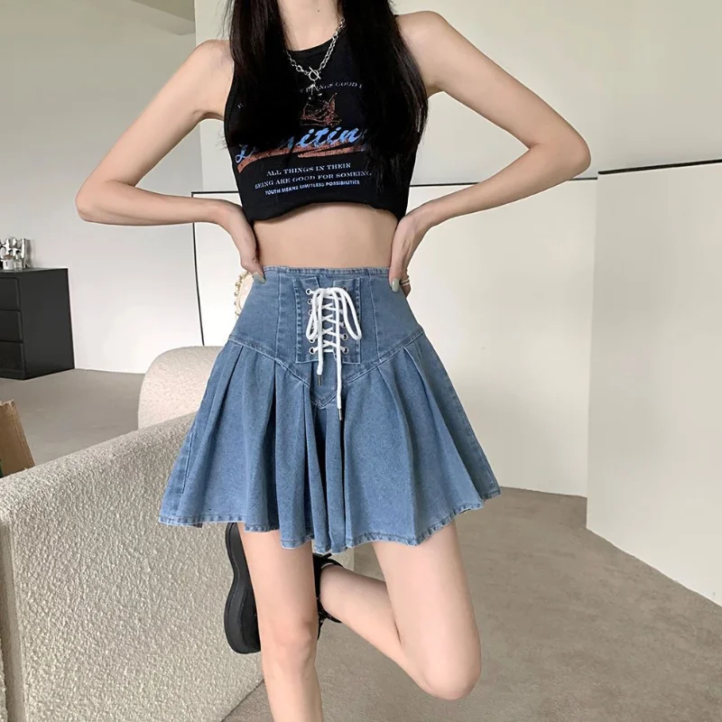 Skirts Women Denim Summer Bandage Temper All-match Youthful Vintage Attractive Stylish Korean Style Designed Pleated Mini Faldas