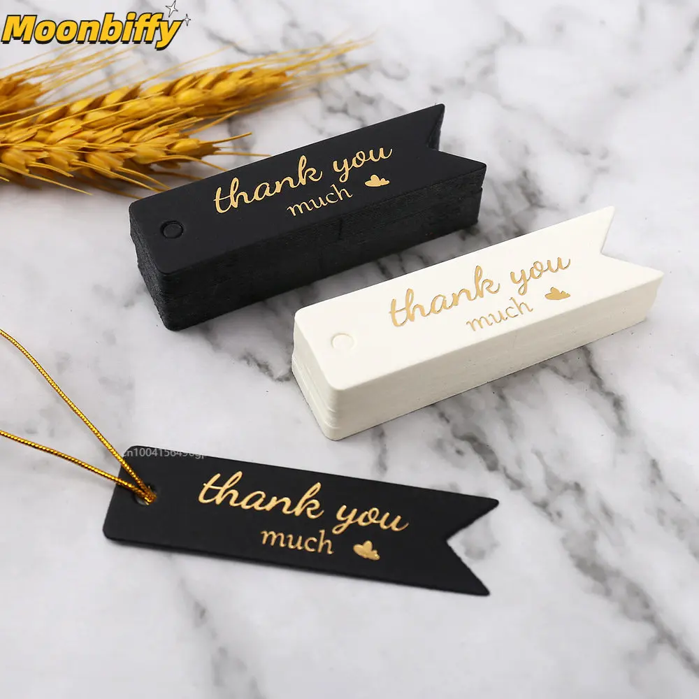 100Pcs 2x7cm Gold Foil Thank You Tag Cake Decoration for Wedding Guest Gift Birthday Party Labels Paper Tags Gift Listing Card