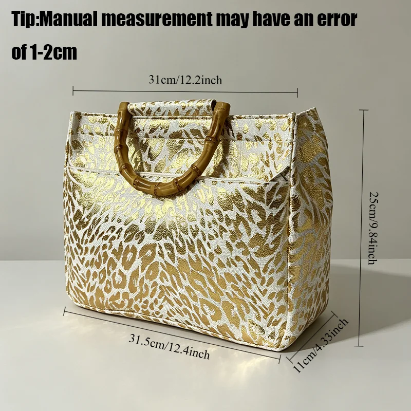 Retro Handtasche für Damen mit Leopardenmuster in Goldfolie und Bambusgriff, Handtasche mit goldenem Leopardenmuster – Detail 5