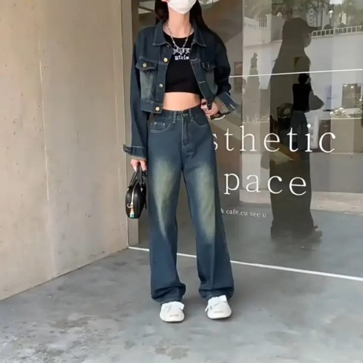 Fall Winter Women's Straight Leg Distinctive Jeans Cool Student Vintage Floor-Length Wide Leg Cotton High Waist Denim Pants