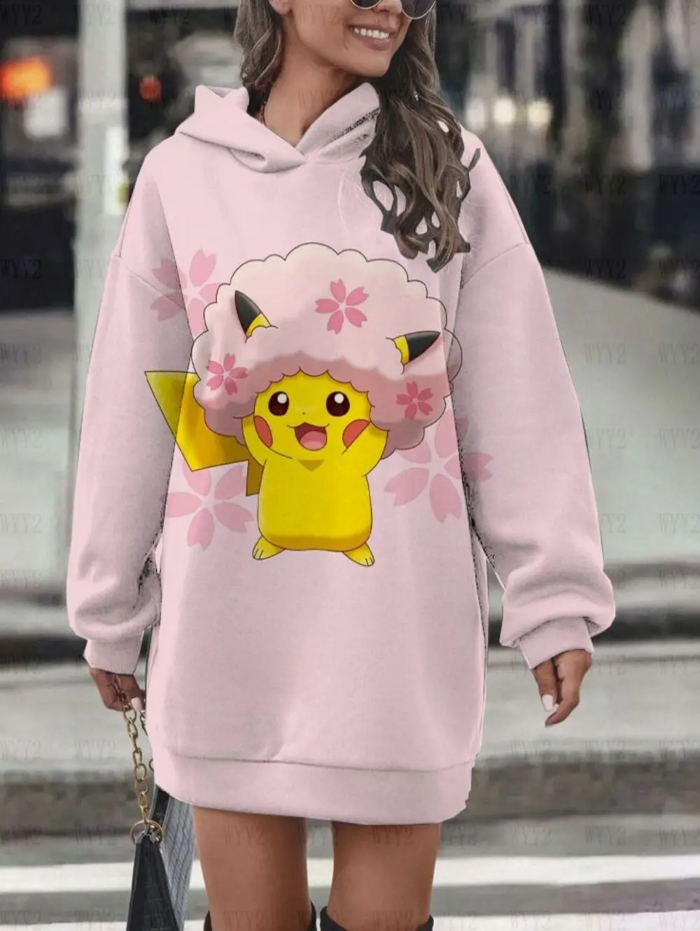 Fashionable versatile age-reducing long sleeve warm autumn and winter hoodie dress cute anime Pikachu series print sportswear