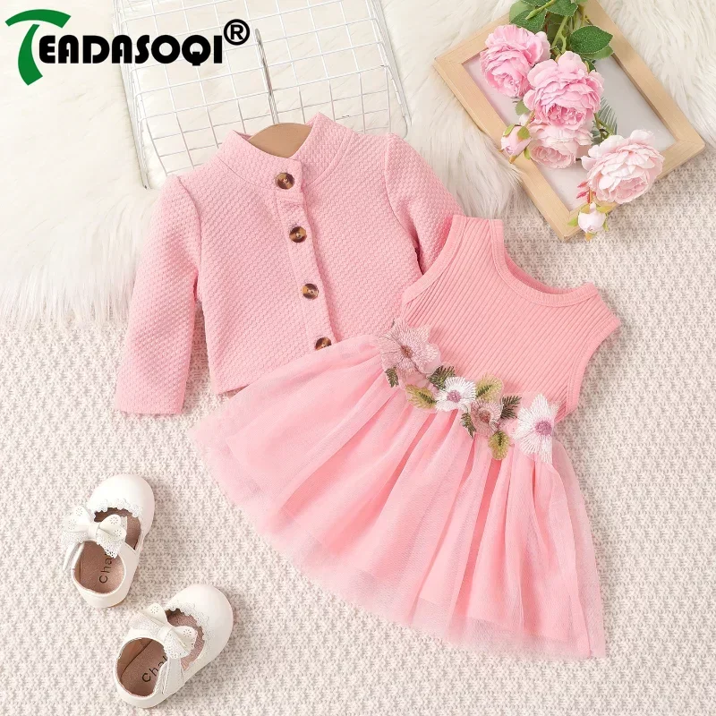 3-24M Baby Dresses Pink Coat With Embroidery Flower Dress For Girls Spring Fall Toddler Dress Kids Baby Girls Clothes