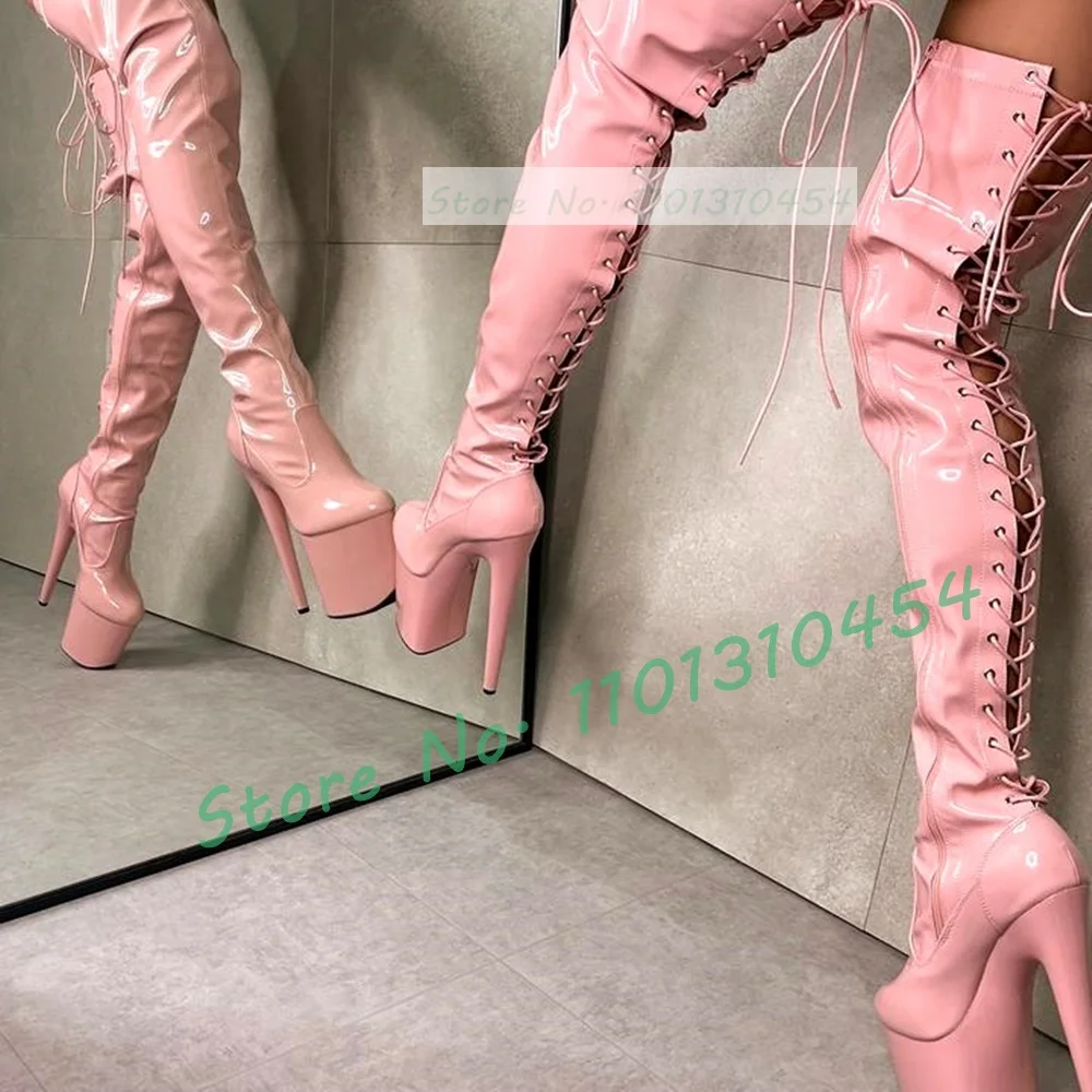 Pink Platform Slim Thigh High Boots Women Back Lace Up Glossy Patent Leather Boots Girly Round Tip Stylish High Thin Heels Shoes