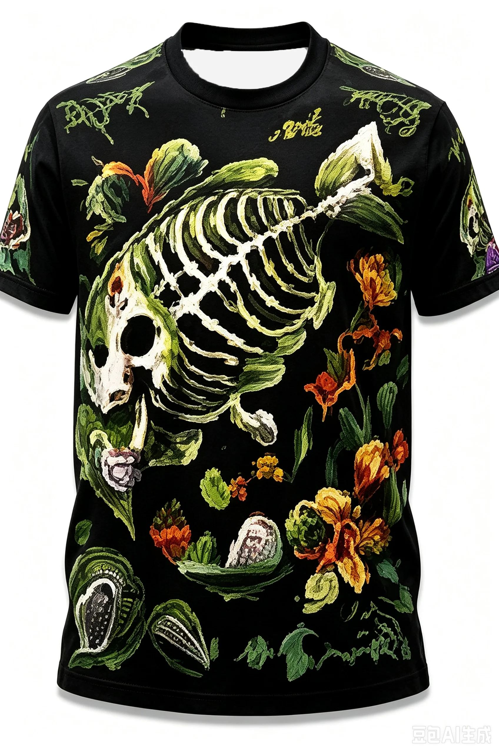 PARENT-CHILD STYLE ARTISTIC FISH SKELETON FLORAL TSHIRT RETRO OIL PAINTING STYLE FISH SKELETON ANDFLOWERS OUTDOOR ROUND NECK TOP