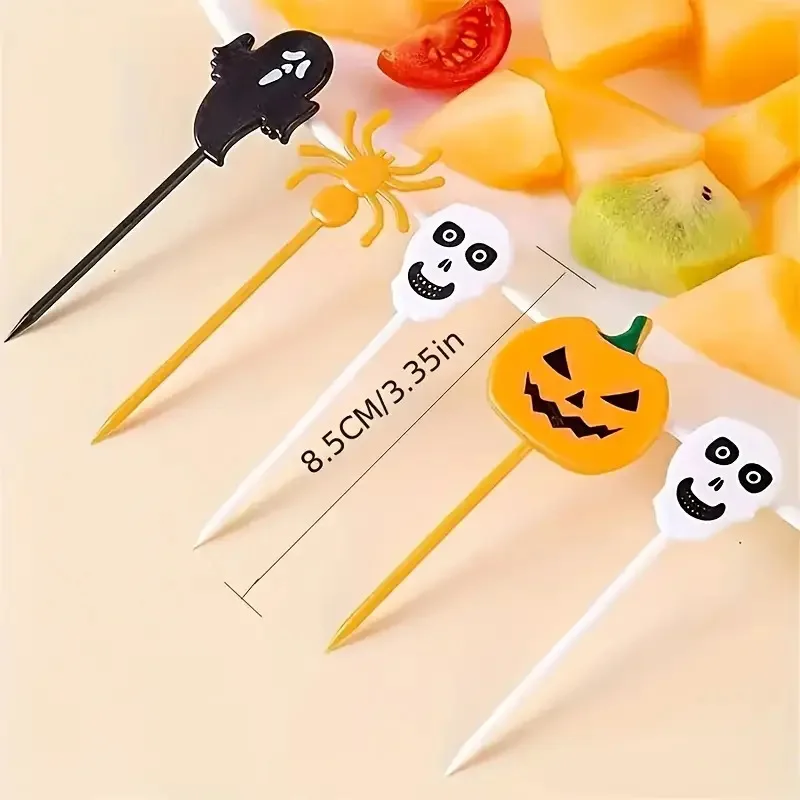 10PCS Plastic Halloween Toothpicks Halloween Cupcake Topper Ghost Bat Spider Fruit Toothpicks Halloween Party Cake Decorations