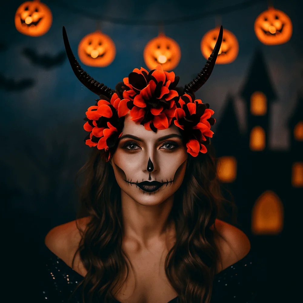 Esagera la fascia in corno da demone, fiori di simulazione, accessori per capelli da strega, copricapo gotico, decorazione del festival della regina cattiva