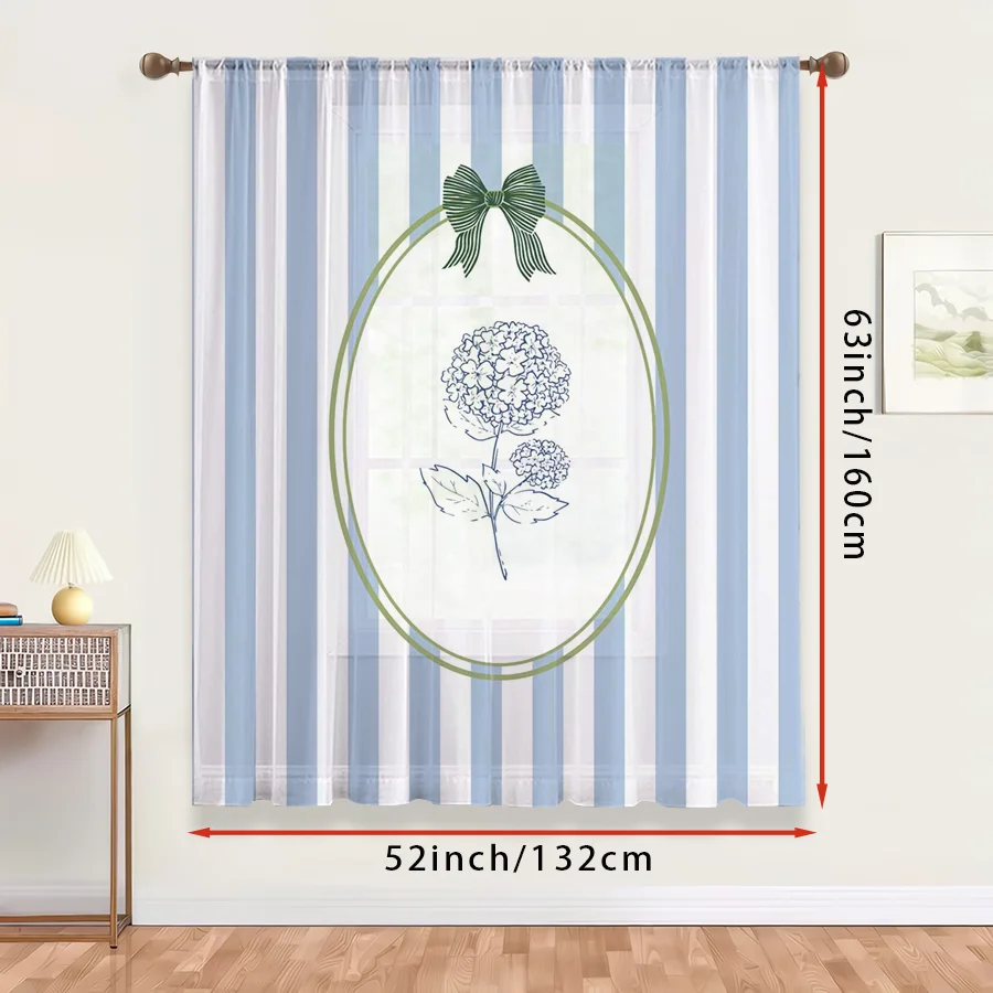 1PC Sheer Curtain Blue White Stripe Hydrangea Bow Print, Rod Pocket Window Curtain for Living Room French Decor