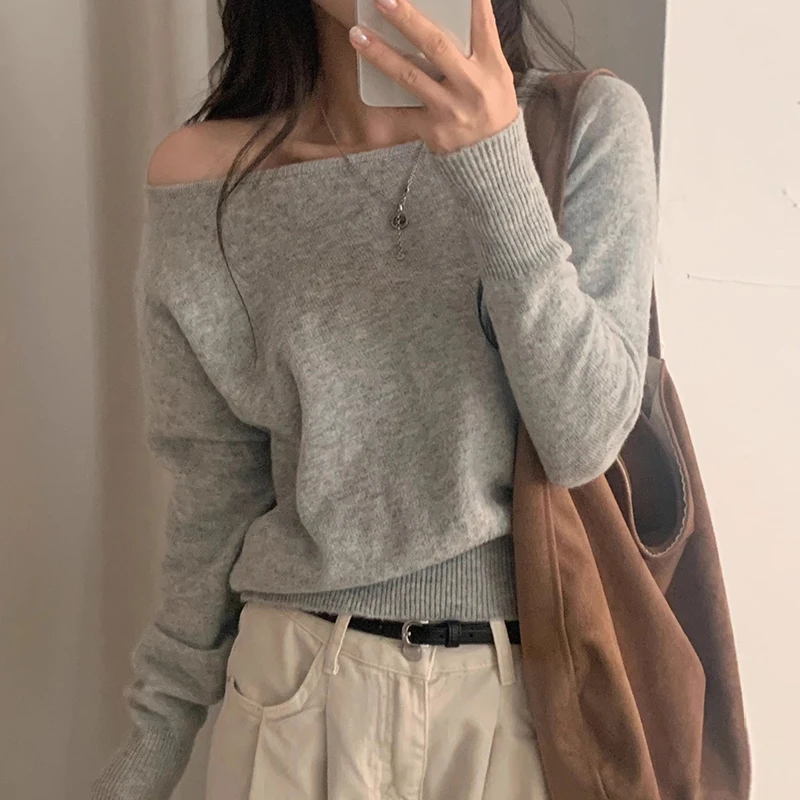 Korejpaa Autumn Sweater Women French Style Design Irregular Slanted Collar Pullover Off Shoulder Long Sleeved Base Knit Top