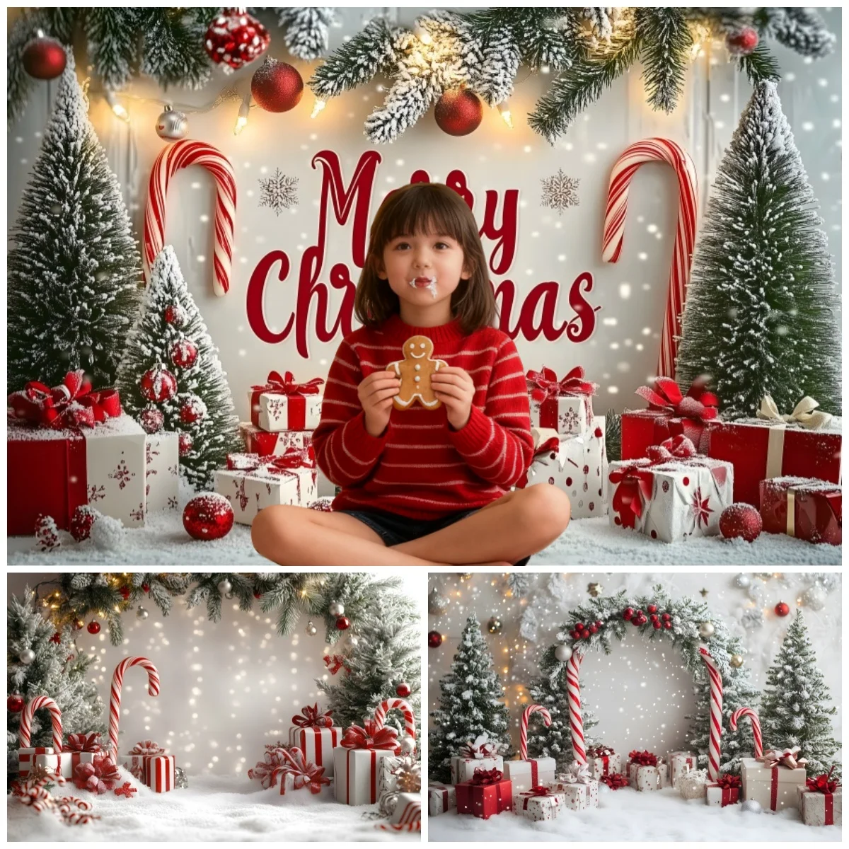 Christmas Backdrop Decorations Merry Christmas Sign Gift Box Candy Canes Xmas Tree For Holiday Display Photo Shoots Background