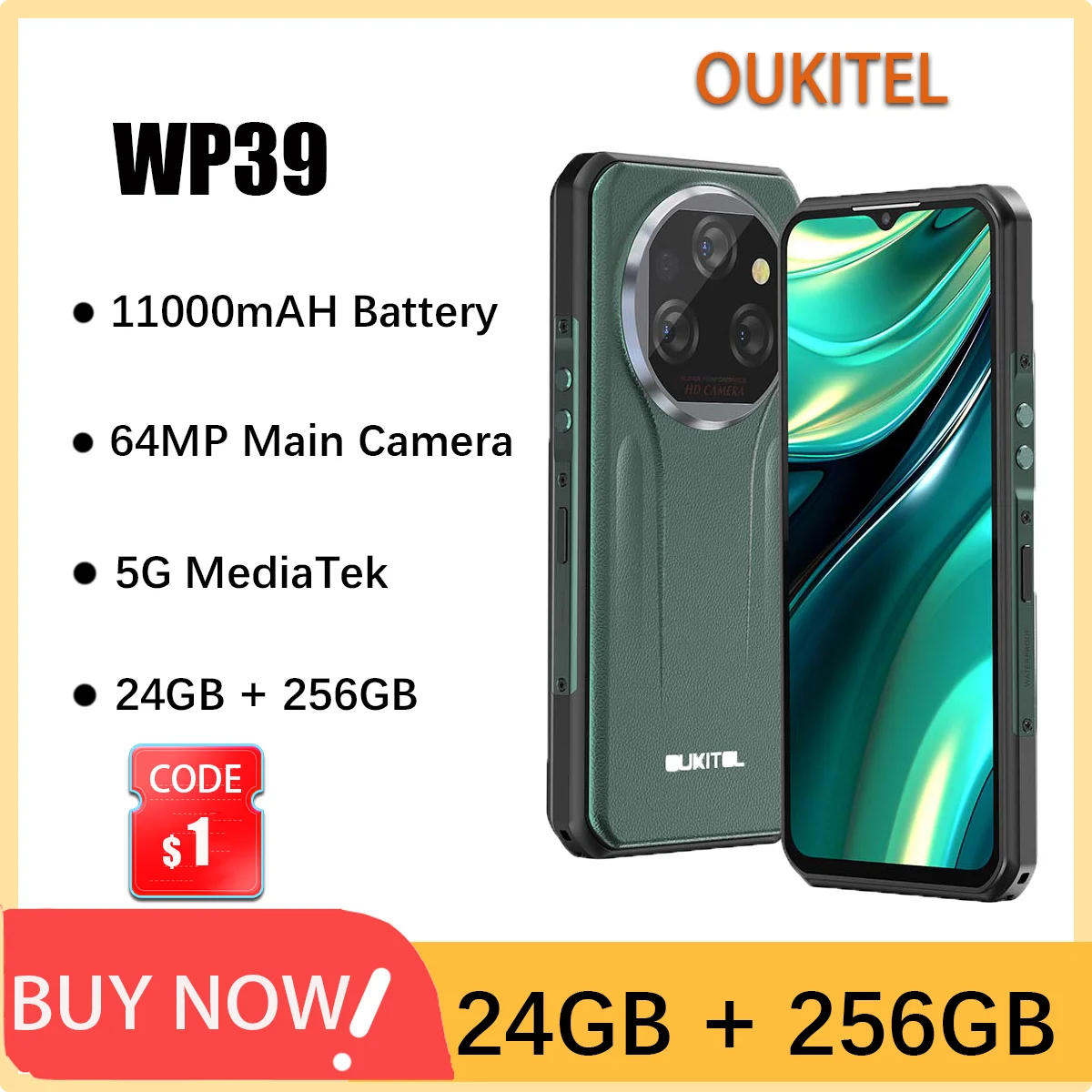 Oukitel WP39 5G 견고한 스마트폰, 11000mAh 배터리, 6.6 인치 디스플레이 휴대폰, 24GB + 256GB 64MP 카메라, 안드로이드 14 휴대폰 