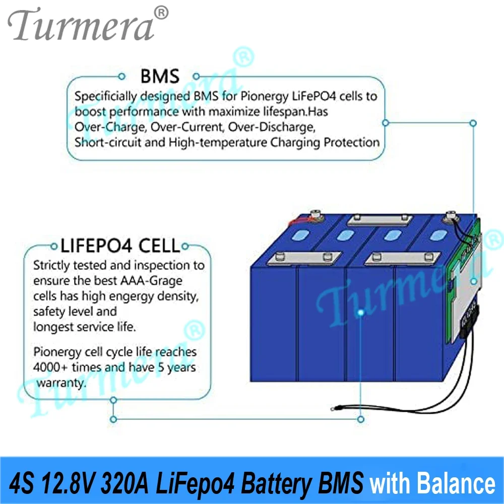 4S 12.8V 280A 320A 360A LiFePO4 BMS with Balance for DIY 3.2V EVE CATL 280Ah 314Ah 320Ah 360Ah LiFePO4 Battery Pack Use Turmera