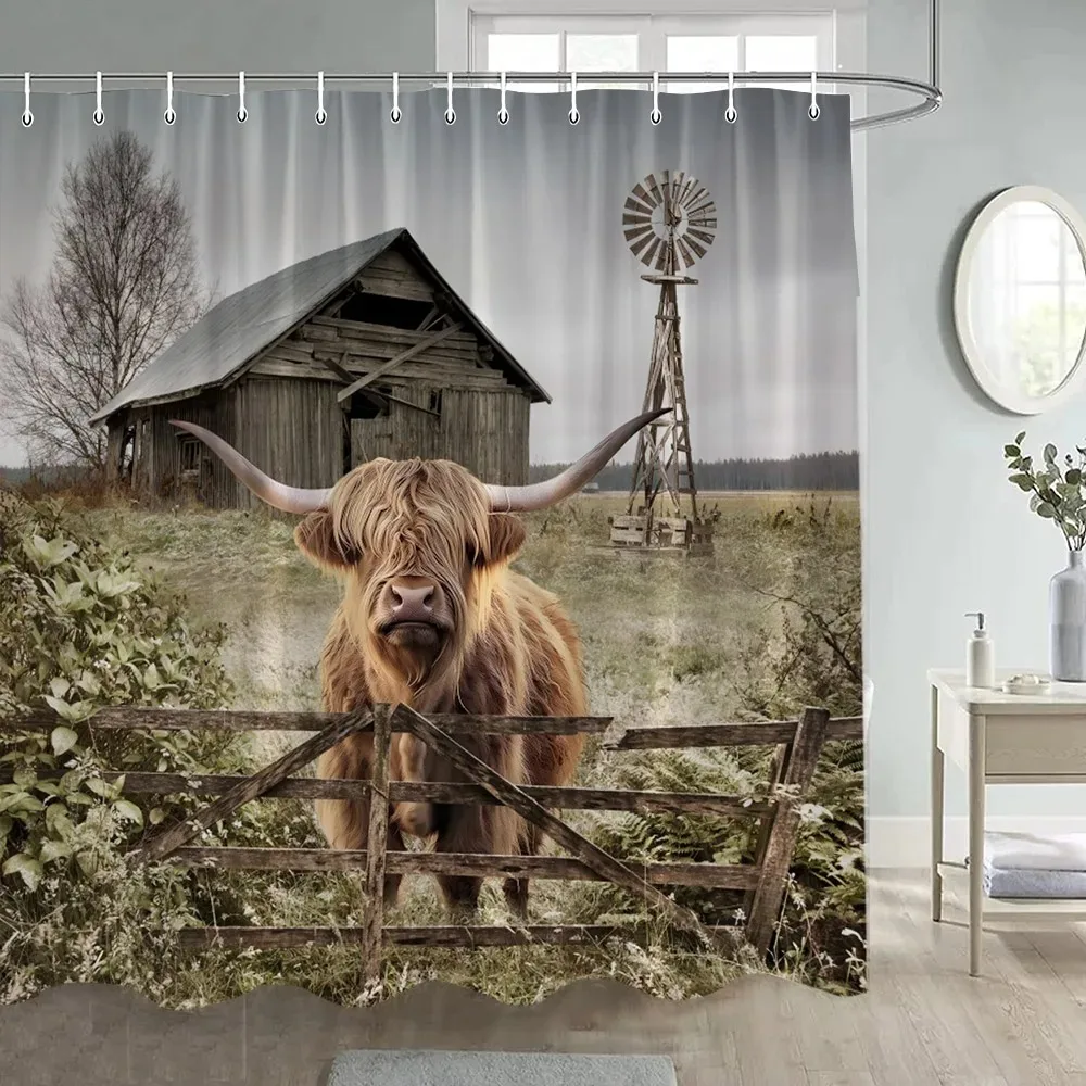 Funny Highland Cow Shower Curtain Watercolour Flowers Plant Cute Farm Animal Fur Pattern Modern Fabric Bathroom Curtains Decor