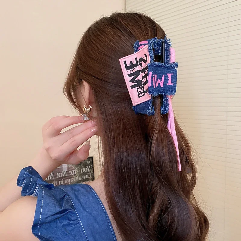 1/2 Pcs Jean Letter Pink Blue Fabric Bowknot Hair Claws for Women Sweet Cool Shark Clip Christmas Temperament Accessories view 4