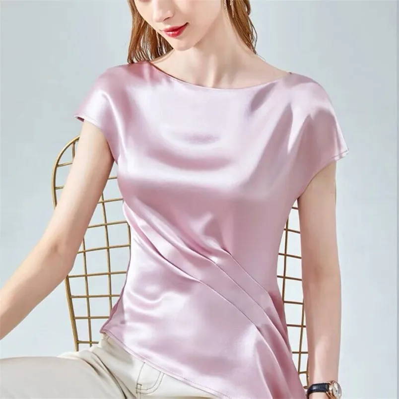 Summer Casual Loose Satin T-shirt Women Ice Silk Comfortable Tops Female Elegant Black White Wine Short Sleeve Shirt 2024 Blouse