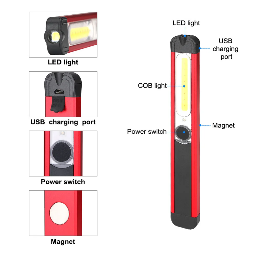 ضوء شحن USB، مصباح يدوي Led 5 أوضاع مع مشبك حزام مغناطيسي، مصباح عمل محمول من سبائك الألومنيوم لإصلاح الطوارئ #4