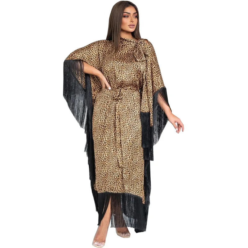 Ramadan Islamic Muslim Saudi Turkiye Gown Moderst Fashion Dress Bat Sleeve Tassel Kaftan Leopard Dress Party Dress