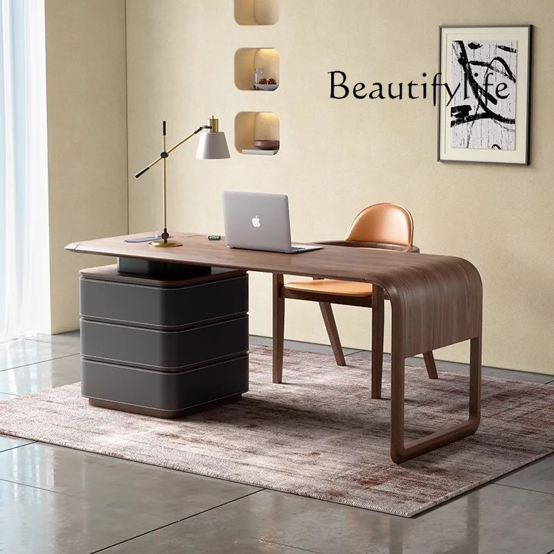

Italian minimalist desk designer home desk premium walnut saddle leather writing table