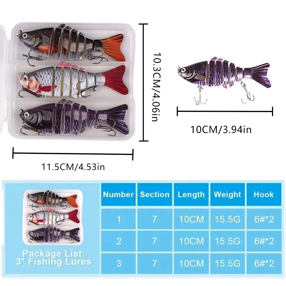 JSFUN3 ピース/ボックス釣りワブラーリアルな 7 セグメントスイムベイトクランクベイトハードベイトスロー 10 センチメートル/15 グラム Isca 人工ルアー釣具