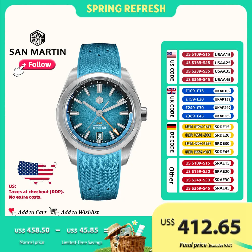 

San Martin 39mm GMT Miyota 9075 Luxury Watch Jianzhan Automatic Mechanical Watches for men With Sapphire Waterproof 10Bar SN0144