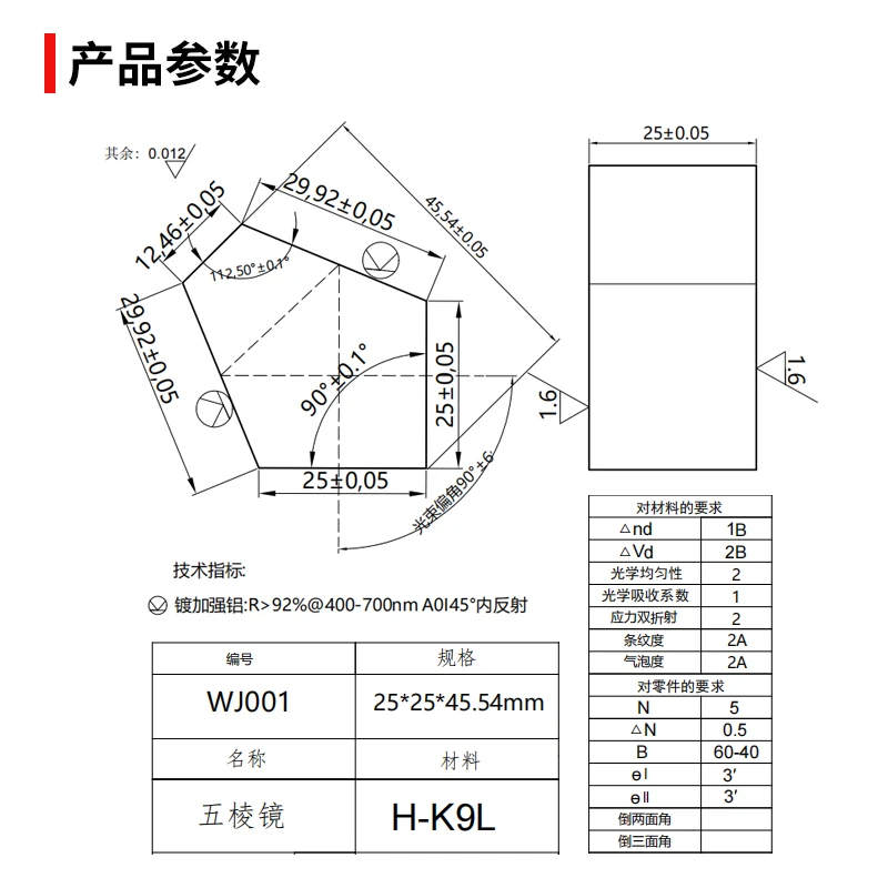 Pentaprism optical glass with high-precision 90-degree light path deflection and redirection for optical measurement