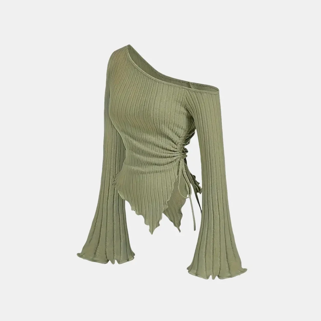 women's New off shoulder cross long sleeved slim fit casual street style asymmetrical elegant T-shirt trumpet sleeve top image 5
