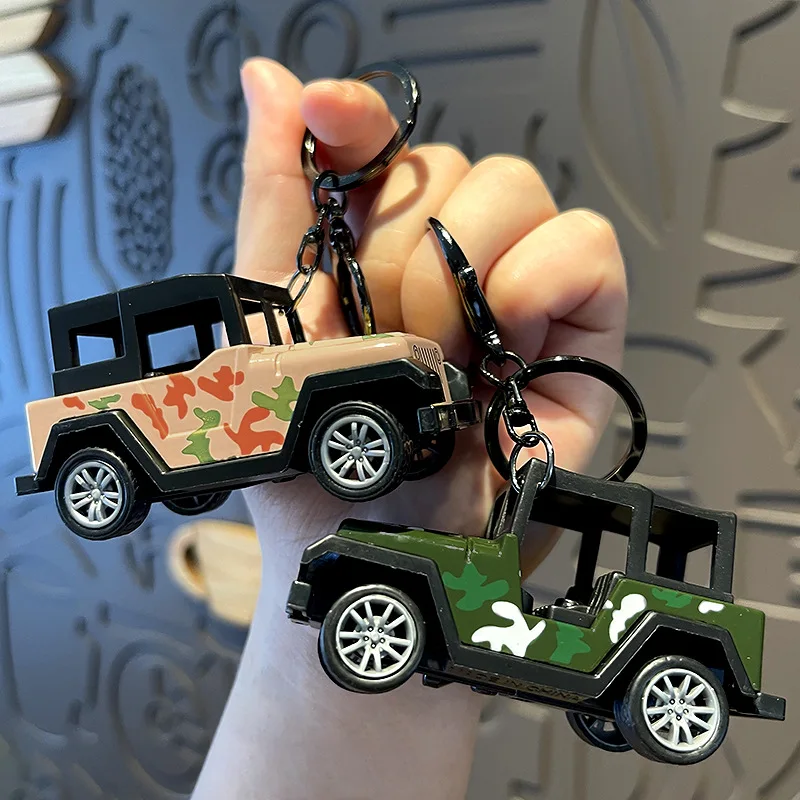 Creative Cartoon Rebound Alloy Car Model Keychain Off Road Camouflage Jeep Ornament Toy Pendant Key Chain Boy's Birthday Gifts