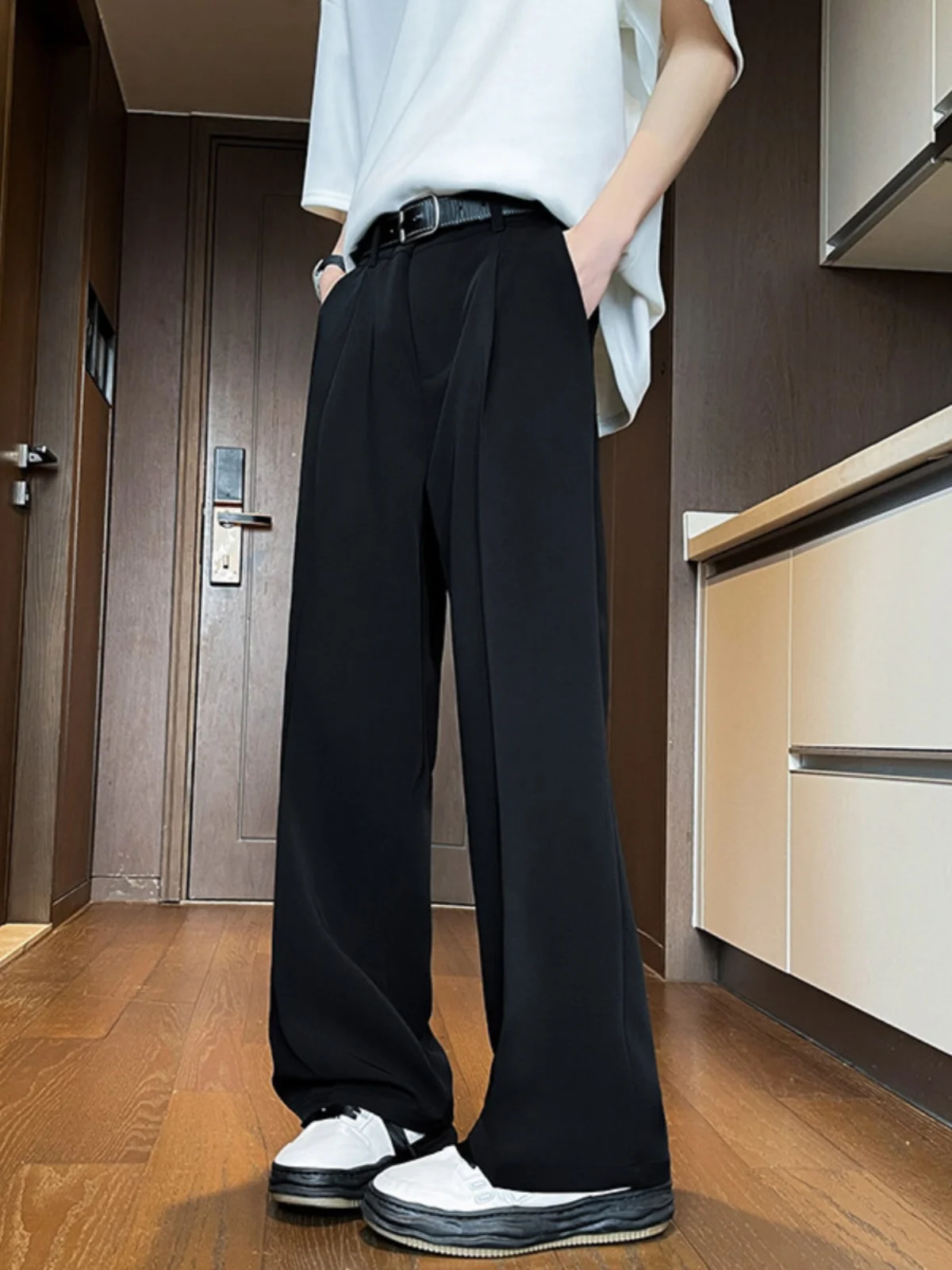 

Black Casual Straight Leg Suit Pants for Men Anti-Wrinkle Spring Summer Loose Fit Cool Style Teenager Long Trousers