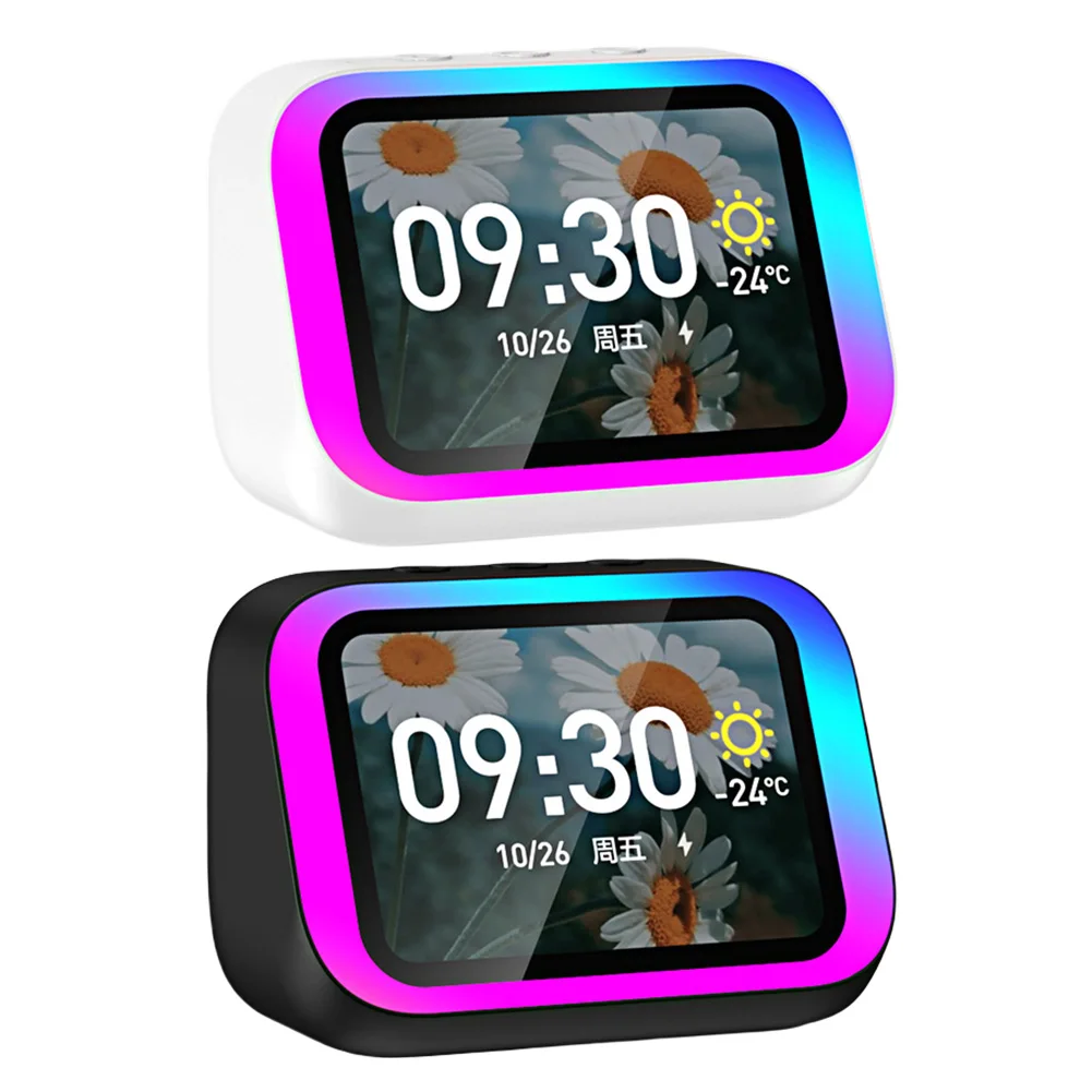 Smart Speaker Voice Assistant Portable BT Speaker Alarm Clock Home Speaker with RGB Lights Weather Display for Bedroom