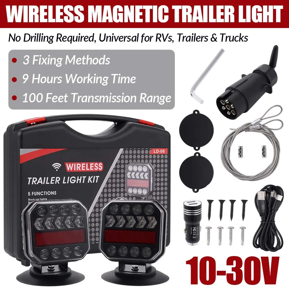 Wireless Magnetic Trailer Light Kit 10-30V Waterproof LED Tow Tail Light with Suction Cup Fixing Rechargeable Trailer Light