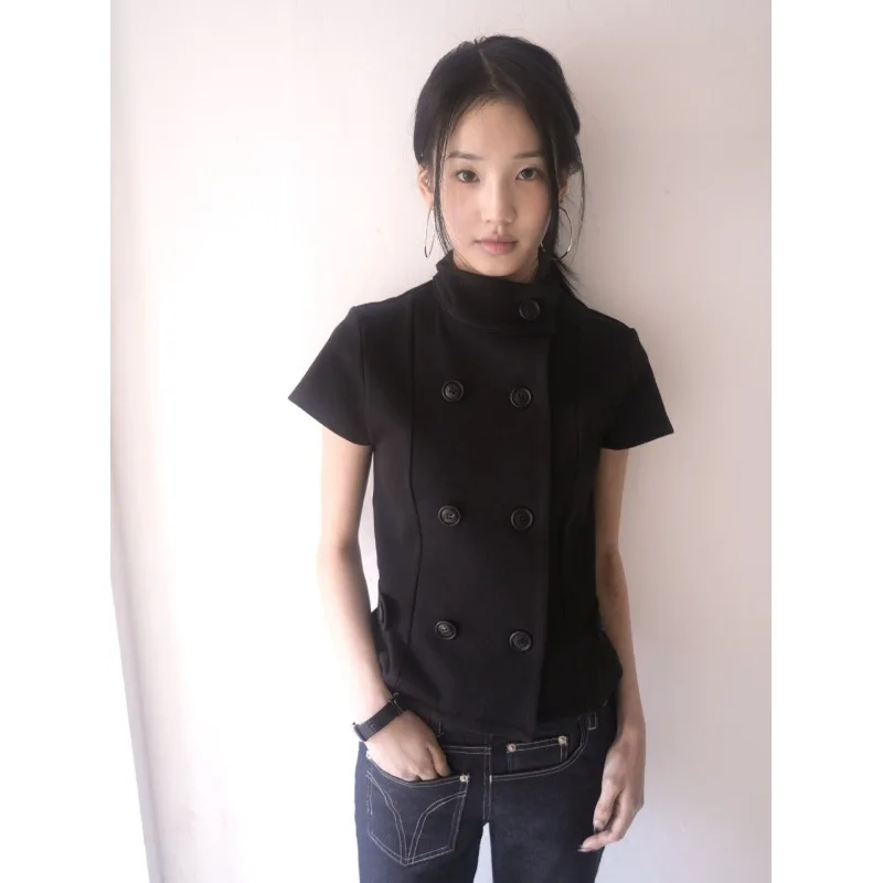 2026 Korean high neck double breasted short sleeved jacket, slim fit slanted placket, irregular short cardigan, commuter top