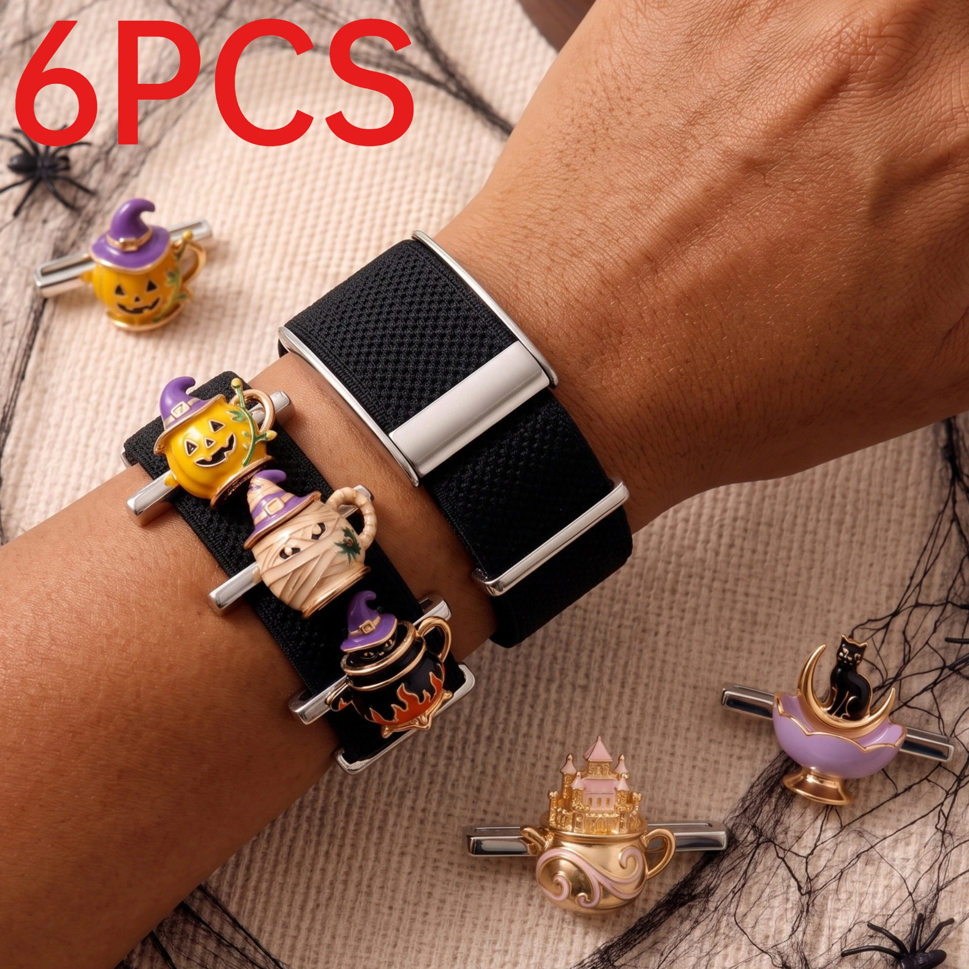 6Pcs Halloween Magic Teacup Watch Band Charms Fun Witch Pumpkin Cup Decorative Studs Creative DIY Watch Strap Accessories