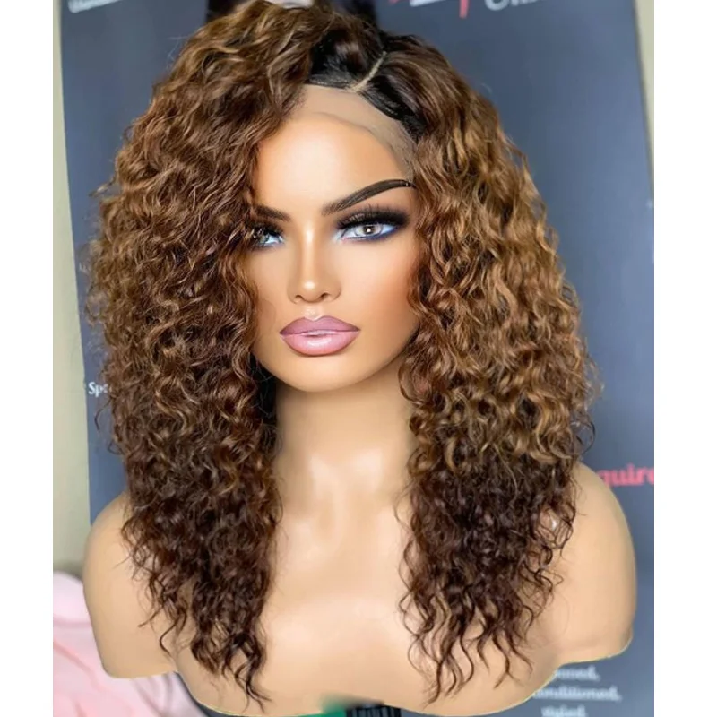 Suave ombre loira kinky encaracolado preplucked 26 Polegada longo 180 densidade perucas dianteiras do laço para mulheres com cabelo do bebê sem cola boa textura